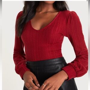 NWOT Lulu's Red V-Neck Ribbed Long-Sleeve Top